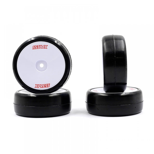 Xpress Competition 36S Pre-Glued RC car wheels with black tires and silver rims on a white background.