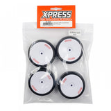 Xpress Competition 36S pre-glued RC car wheels with black rubber tires and white plastic rims for high-performance racing.