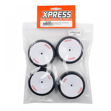 Xpress Competition 36S pre-glued RC car wheels with black rubber tires and white plastic rims for high-performance racing.