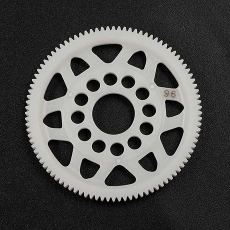Yeah Racing 64P Delrin Spur Gear with 96 teeth, durable RC car part, shown in black on a plain background.