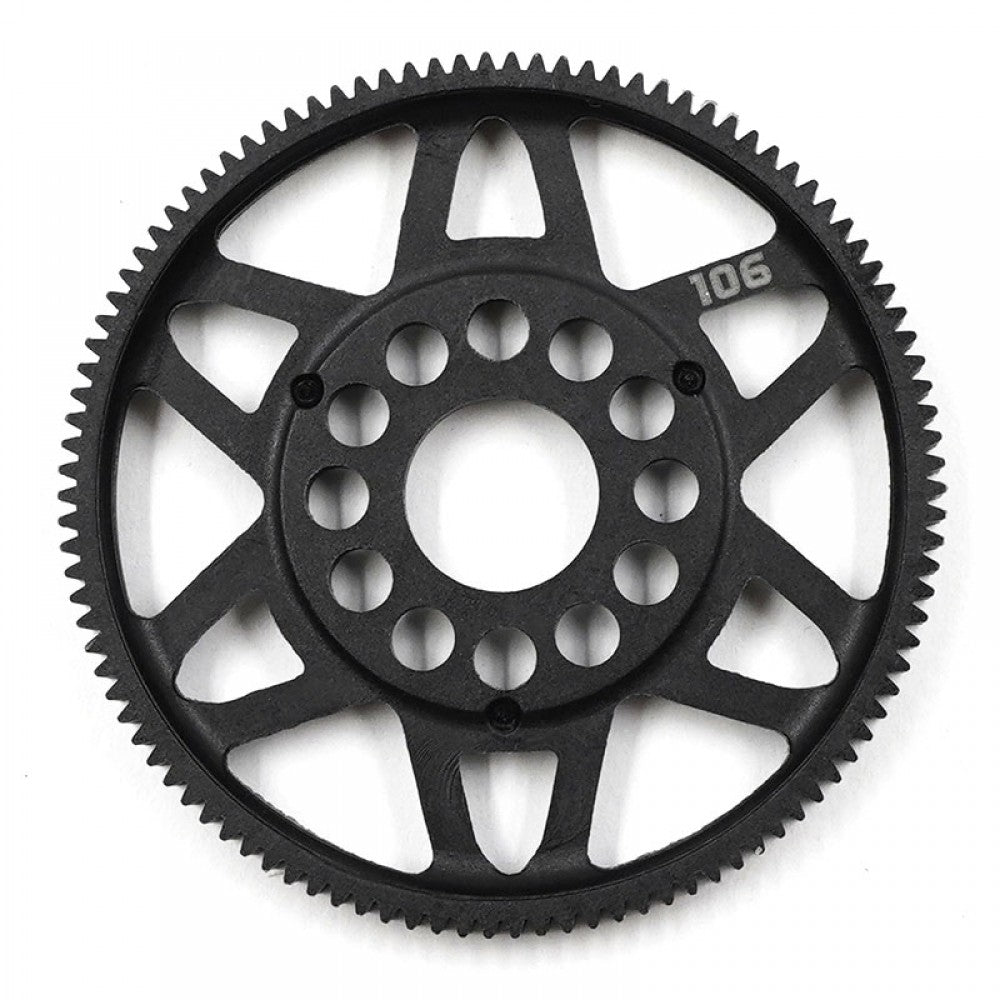 Xpress 64P composite spur gear, black plastic gear with teeth, designed for RC or mechanical applications.