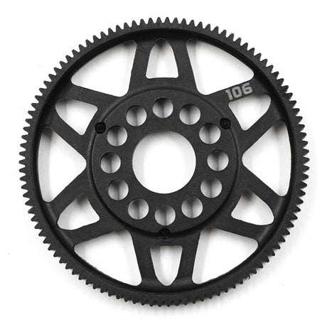 Xpress 64P composite spur gear, black plastic gear with teeth, designed for RC or mechanical applications.