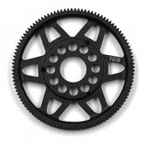 Xpress 64P composite spur gear with precise teeth, designed for RC models, shown in close-up with metallic finish.