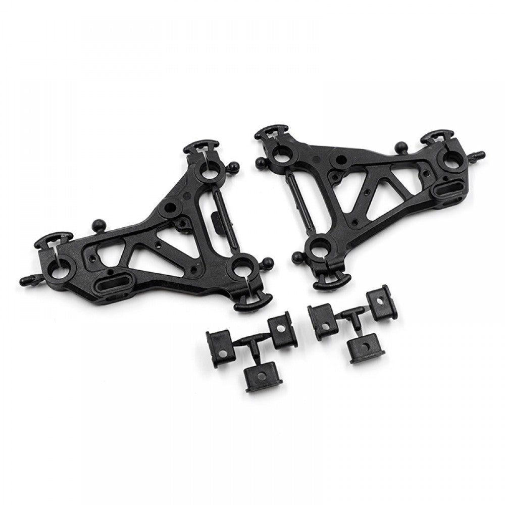 Xpress front and rear hard composite lower suspension arms, sturdy and lightweight, shown in black with mounting points.