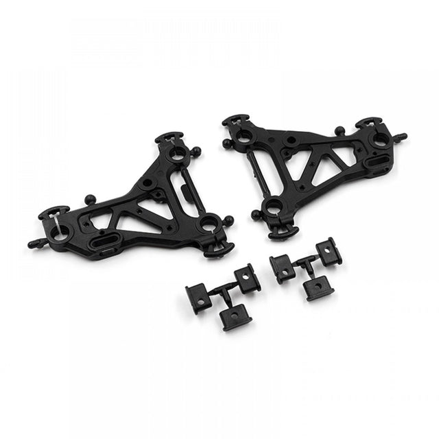 Xpress soft composite front and rear suspension arms for RC vehicle, showing detailed close-up of the suspension components.