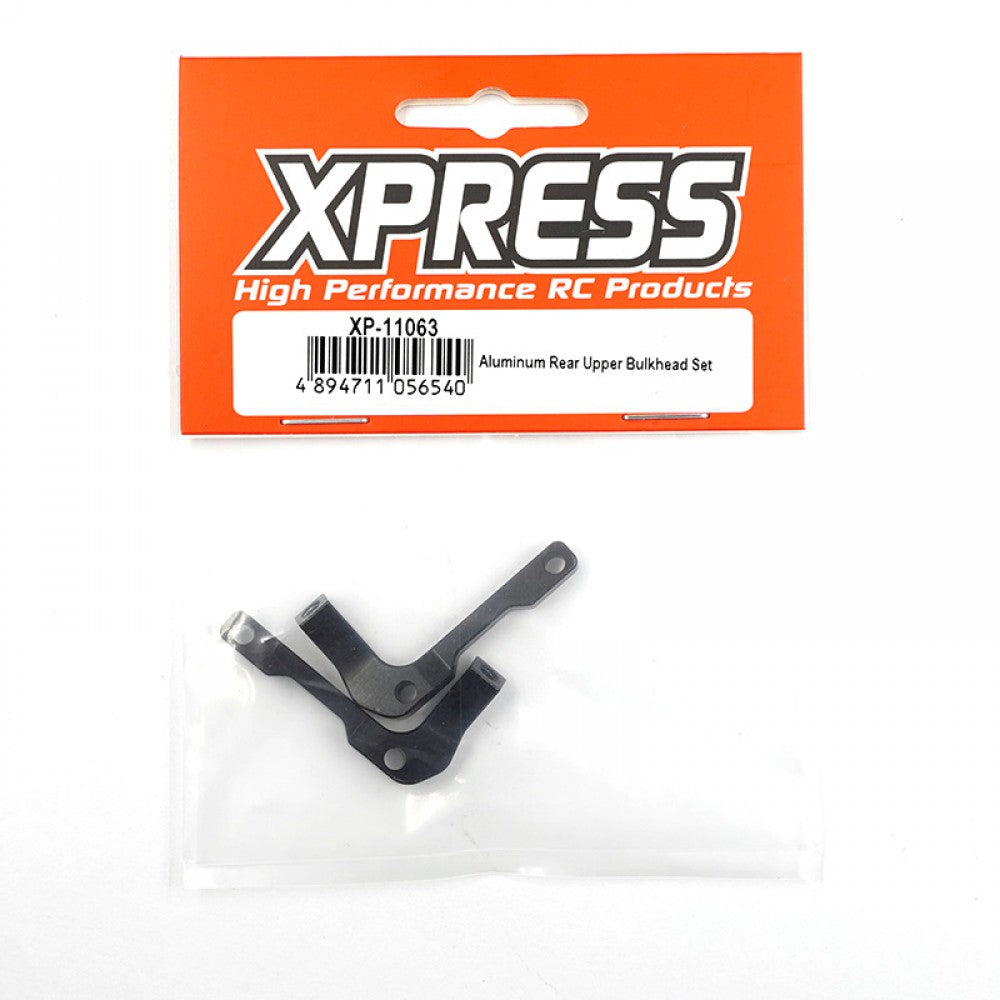 Xpress aluminum rear upper bulkhead set for RC car, showing detailed metal components and fitment areas.