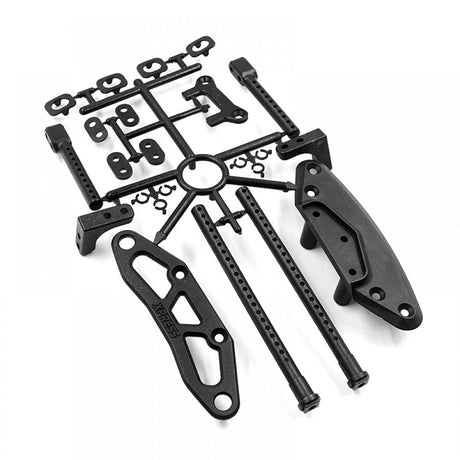 Xpress Low Profile Bumper Body Post Set V3 showing black bumper posts with mounting hardware for RC car.
