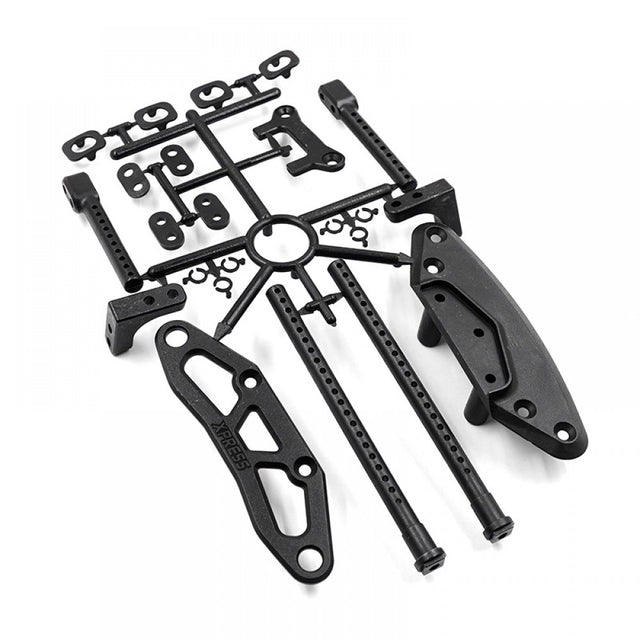 Xpress Low Profile Bumper Body Post Set V3 showing black bumper posts with mounting hardware for RC car.