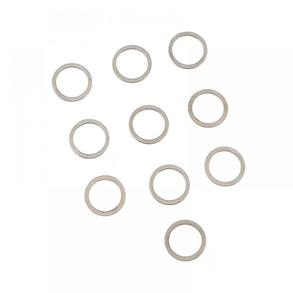 Set of ten Xpress 6x8x0.1mm drive axle spacers, small precision car parts for RC vehicle maintenance.
