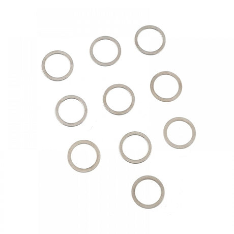 Set of ten Xpress 6x8x0.1mm drive axle spacers, small precision car parts for RC vehicle maintenance.