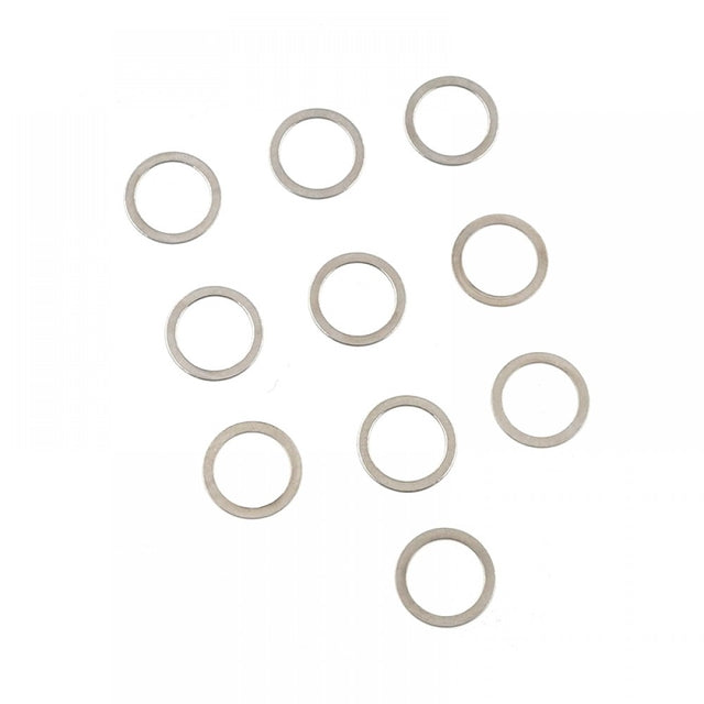 Set of ten Xpress 6x8x0.1mm drive axle spacers, small precision car parts for RC vehicle maintenance.