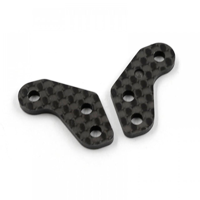 Pair of Xpress +1mm offset rear graphite knuckle plates for RC cars, showing their black, textured surface and precise design features.