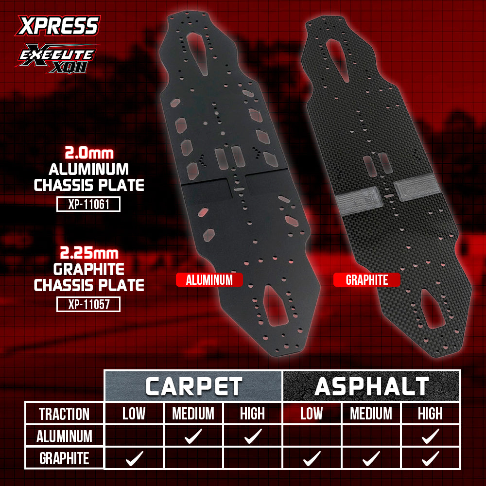 Xpress 2mm aluminum main chassis plate for RC cars, showing a sleek silver metal component with precise holes and cutouts.