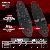 Xpress 2mm aluminum main chassis plate for RC cars, showing a sleek silver metal component with precise holes and cutouts.