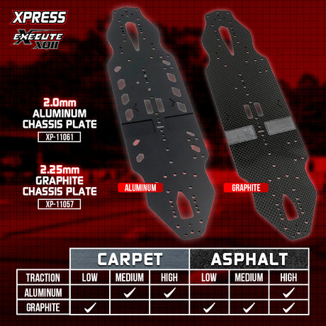 Xpress 2mm aluminum main chassis plate for RC cars, showing a sleek silver metal component with precise holes and cutouts.