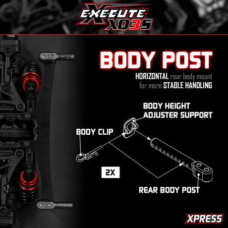 Xpress Execute XQ3S 1/10 4WD sport touring car kit on a white background with detailed chassis components and parts.