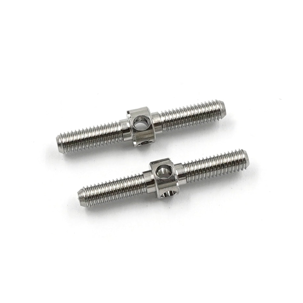 Two 23mm titanium turnbuckles by Xpress with threaded eye hooks, shown in a close-up image highlighting their metallic finish.