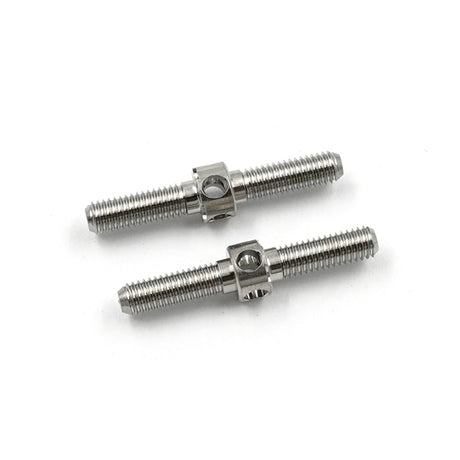 Two 23mm titanium turnbuckles by Xpress with threaded eye hooks, shown in a close-up image highlighting their metallic finish.