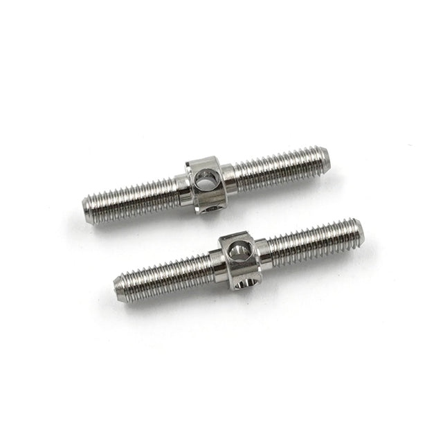 Two 23mm titanium turnbuckles by Xpress with threaded eye hooks, shown in a close-up image highlighting their metallic finish.