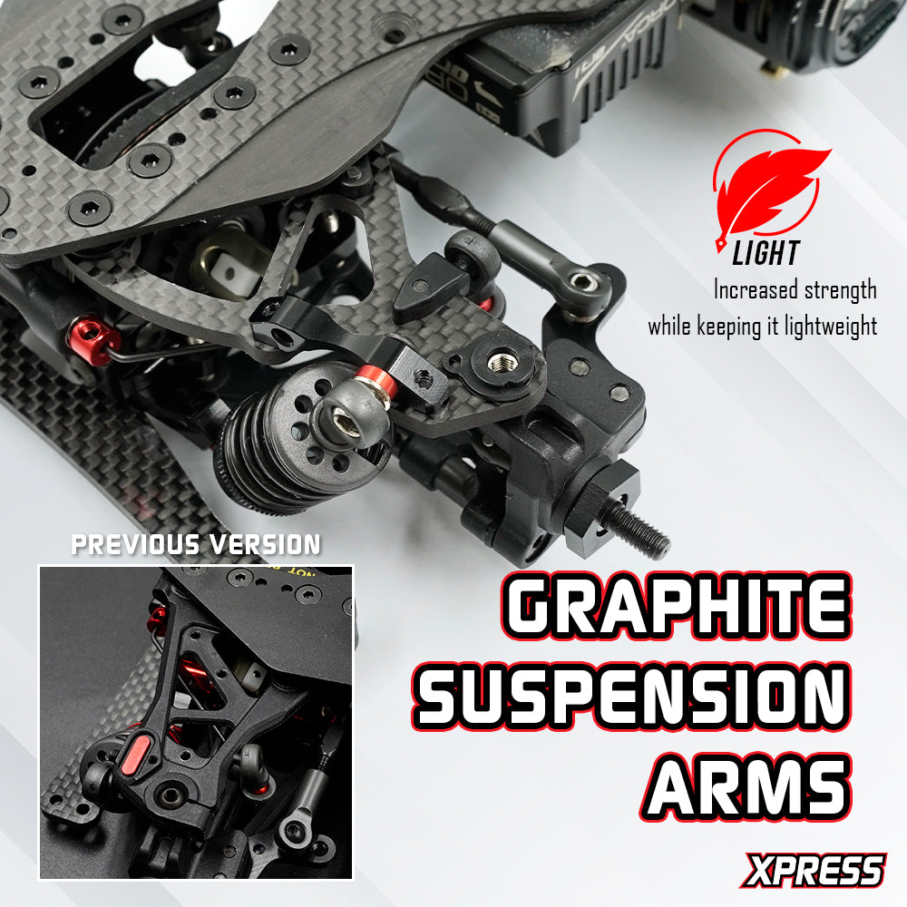Xpress Execute XQ11R 1/10 scale 4WD touring car kit with detailed chassis and wheels on a white background.