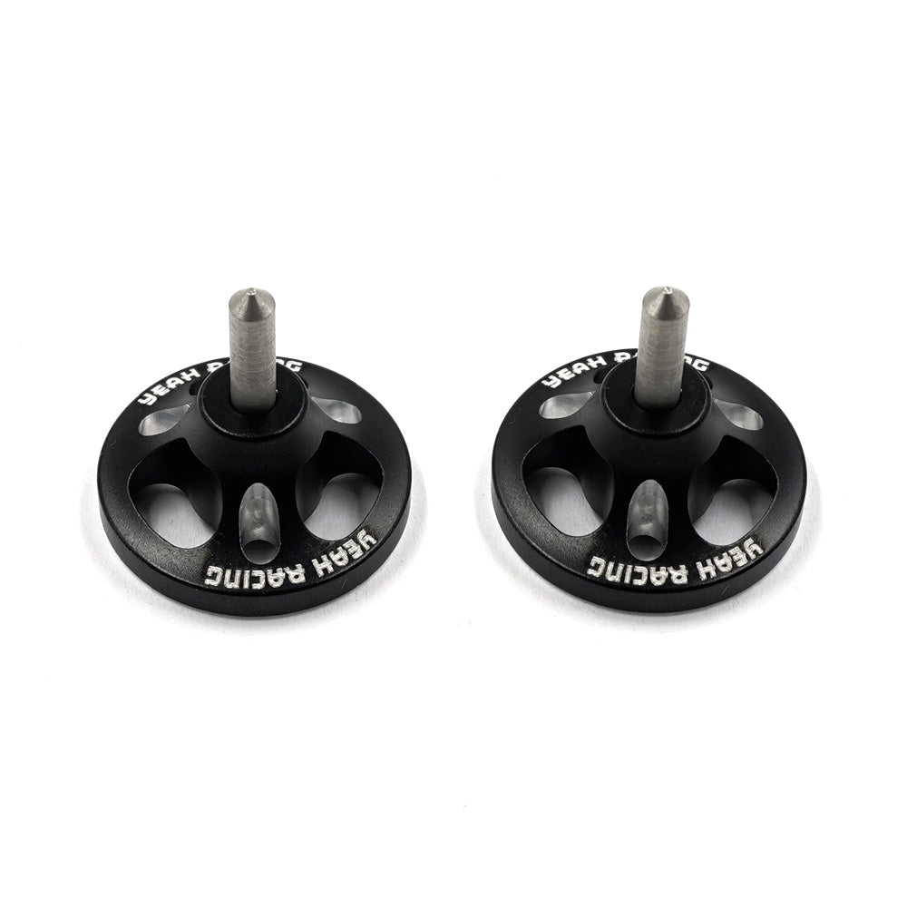 Two black aluminum chassis balancing tools from Yeah Racing, designed for precise RC car weight distribution.