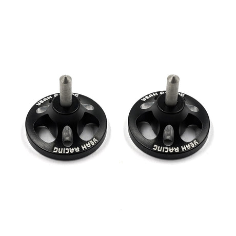 Two black aluminum chassis balancing tools from Yeah Racing, designed for precise RC car weight distribution.