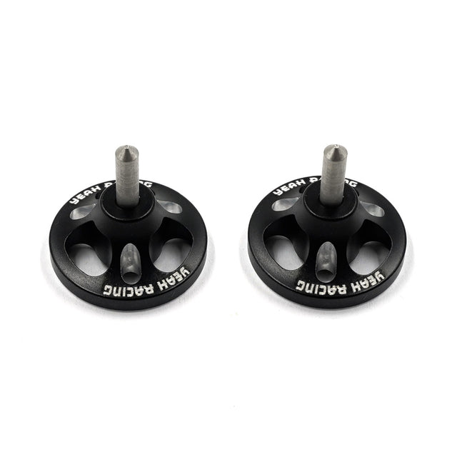 Two black aluminum chassis balancing tools from Yeah Racing, designed for precise RC car weight distribution.