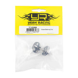 Two black aluminum chassis balancing tools by Yeah Racing, designed for precise RC car weight distribution.