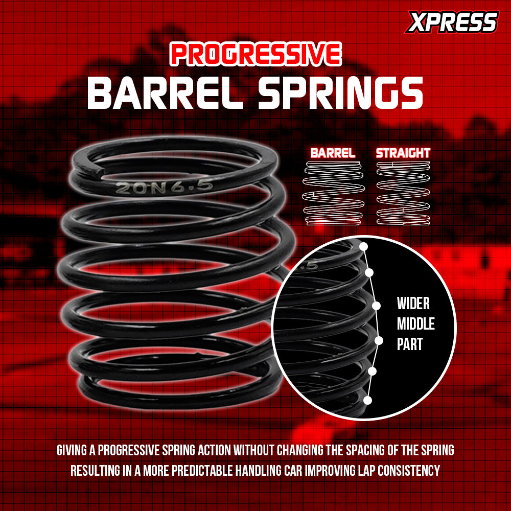 Pair of Xpress 20mm barrel springs, black metal, designed for airsoft guns, shown on a plain background.