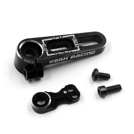 Yeah Racing 7075 aluminium adjustable servo horn for RC cars, 15.5-20mm length with 0.5mm steps, black finish.
