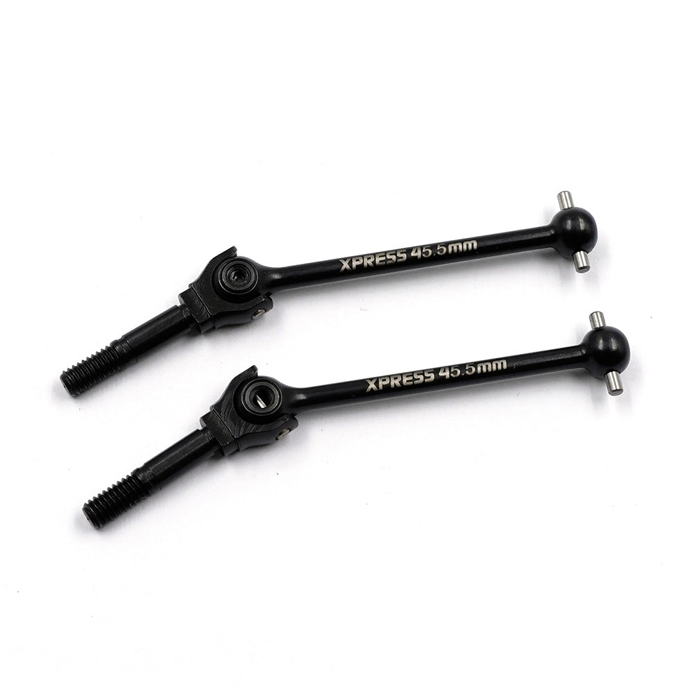 Pair of Xpress 45.5mm rear steel universal shafts for RC cars, featuring precise joints and durable construction.