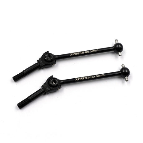 Pair of Xpress 45.5mm rear steel universal shafts for RC cars, featuring precise joints and durable construction.