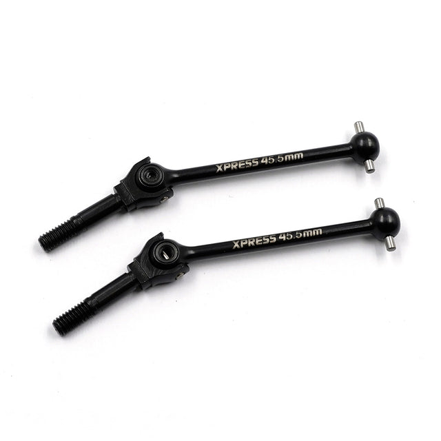 Pair of Xpress 45.5mm rear steel universal shafts for RC cars, featuring precise joints and durable construction.