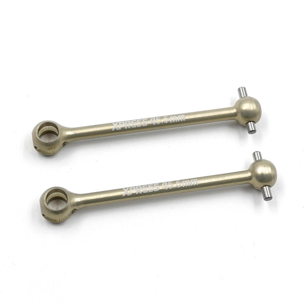 Two Xpress 45.5mm hard coated aluminum rear dogbones for RC cars, durable and universal fit, shown on a white background.