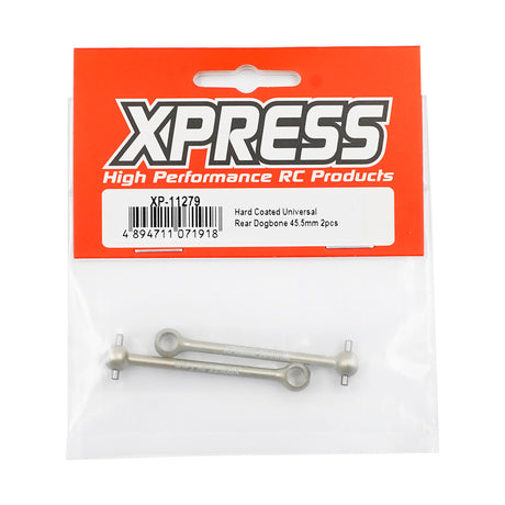 Xpress 45.5mm hard coated aluminum universal rear dogbones set with two durable, lightweight RC vehicle suspension parts