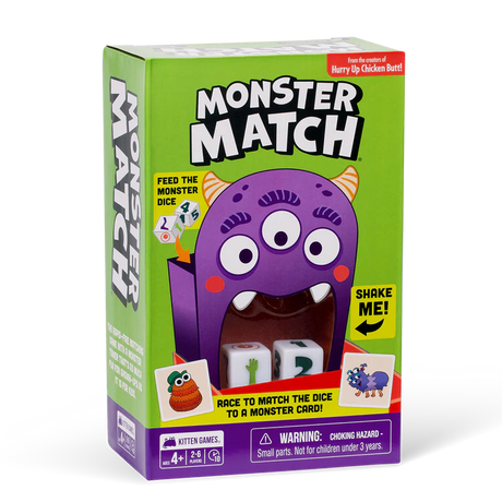 Exploding Kittens Monster Match card game box with colorful illustrated monsters and playful design on a white background.
