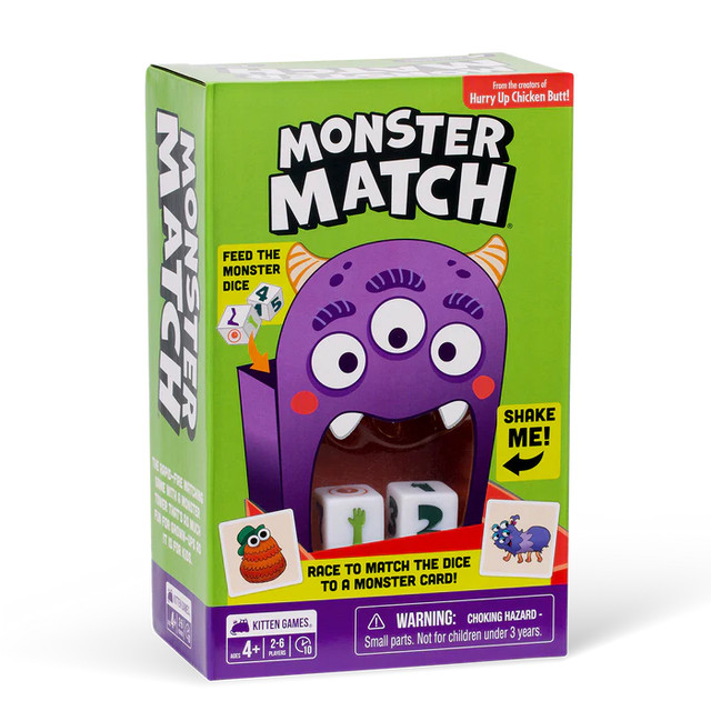 Exploding Kittens Monster Match card game box with colorful illustrated monsters and playful design on a white background.