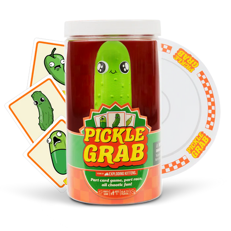 Exploding Kittens Pickle Grab game piece featuring a colorful pickle character on a white background.