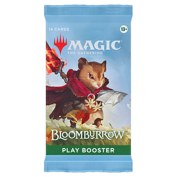 MTG Bloomburrow Play Booster Pack by Wizards of the Coast, featuring colorful fantasy-themed trading card packaging.