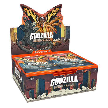 Universus Godzilla Reign of Kaiju booster box by UVS Games featuring colorful monster cards and packaging design.