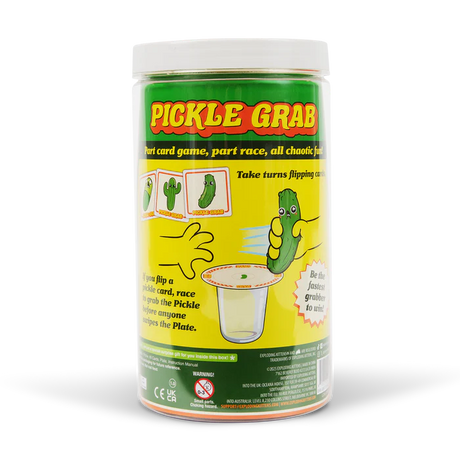 Exploding Kittens Pickle Grab toy with colorful pickle design and playful cartoon style on a white background.