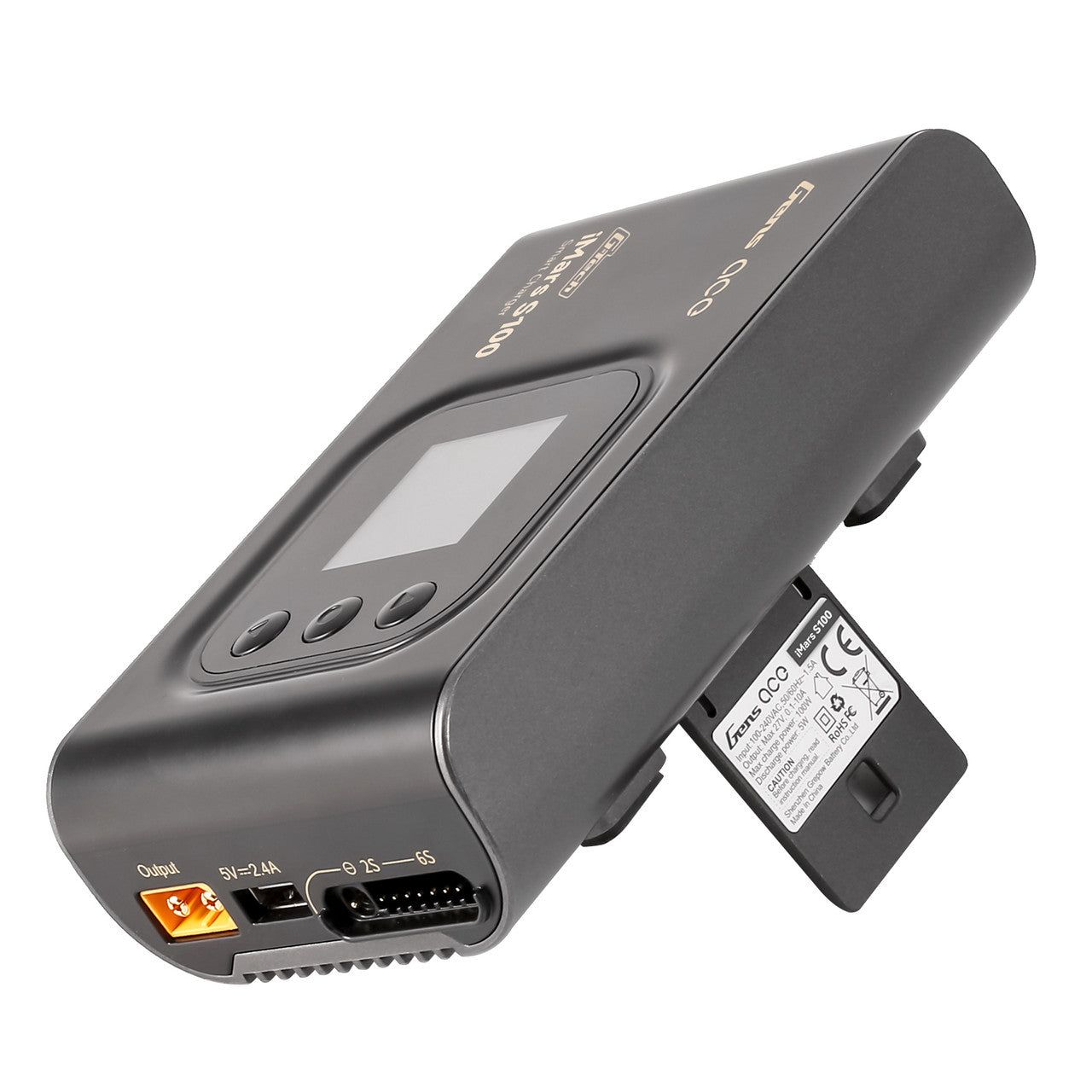 Gens Ace iMars S100 G-Tech AC Balance RC battery smart charger for RC cars, with digital display and charging ports.