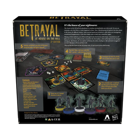 Hasbro Betrayal at House on the Hill third edition board game box with detailed artwork and spooky mansion design.