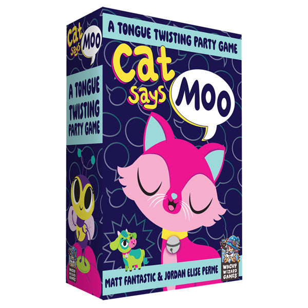 Wacky Wizard Games Cat Says Moo toy featuring a playful cat with a humorous expression, colorful design, and soft fabric texture.