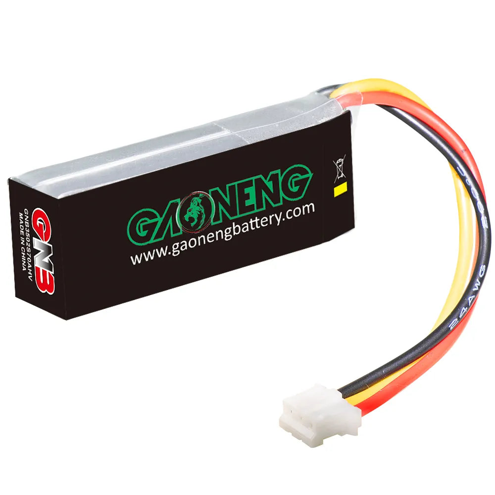 GNB 350mAh LiHV 2S 70C RC car LiPo battery with black and orange casing, used for high-performance remote control vehicles