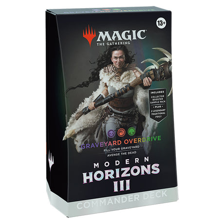 MTG Modern Horizons 3 Commander Deck box with colorful card artwork and Wizards of the Coast branding.