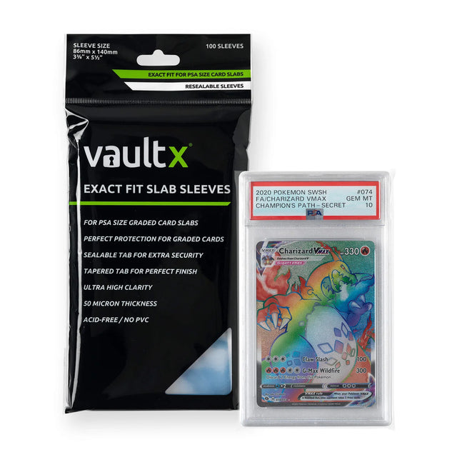 Vault X Exact Fit Slab Sleeves PSA for protecting collectible trading cards, shown in clear transparent plastic.