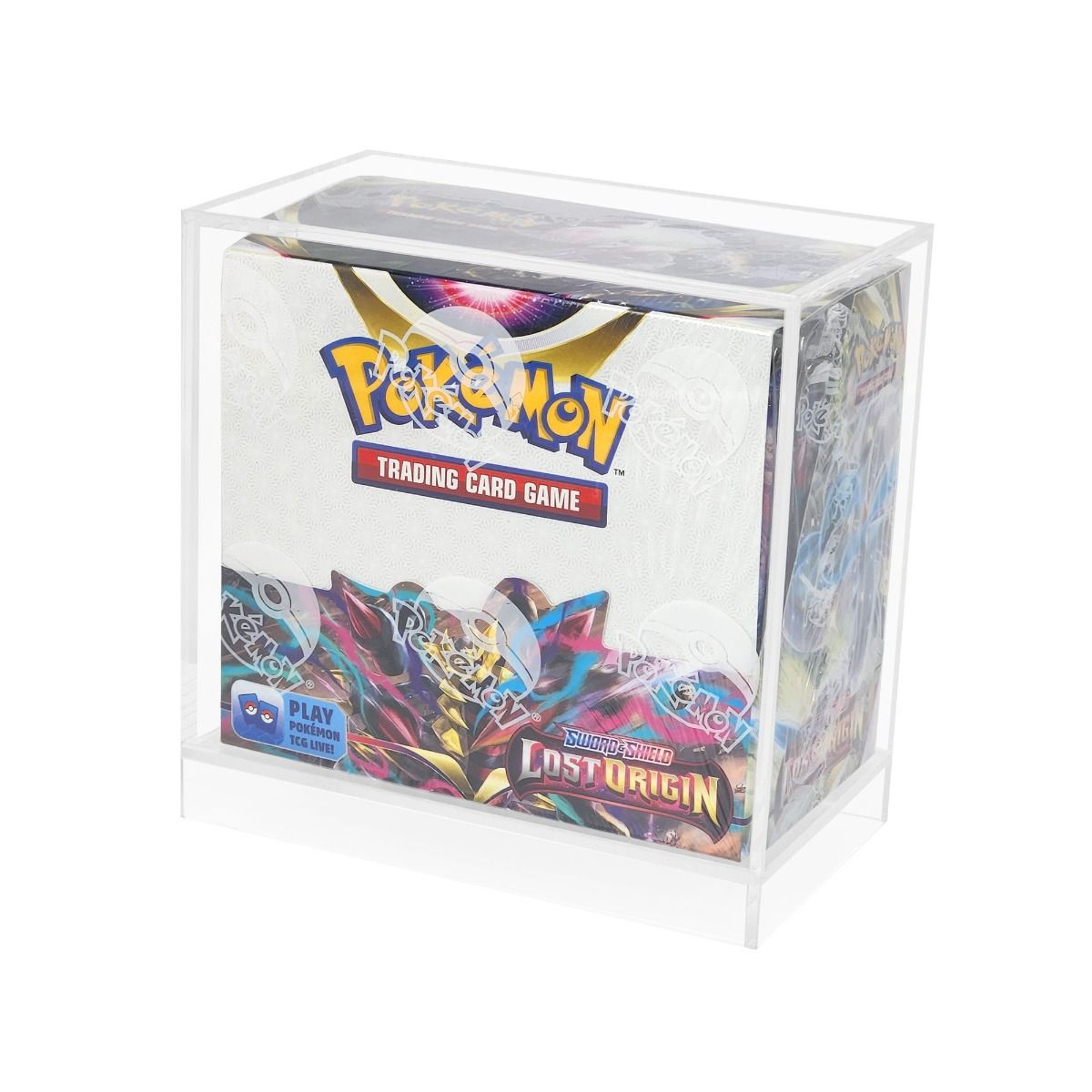 BCW Spectrum Booster Box Display Case for Pokemon trading cards, showcasing the sturdy plastic holder with booster boxes inside.