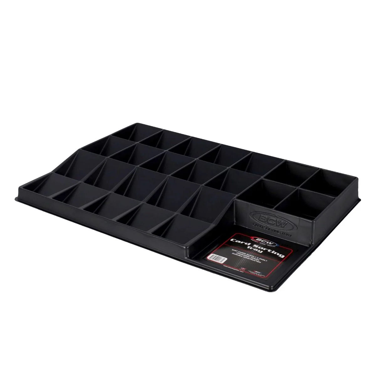 BCW card sorting tray shown from a flat angle, featuring multiple compartments for organizing trading cards or collectibles.