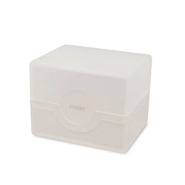 Closed BCW Prism Deck Case in white with a clear plastic exterior for storing collectible trading cards.